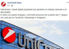 UniCredit, addio social: dal 1° giugno chiusi gli account Facebook e Instagram